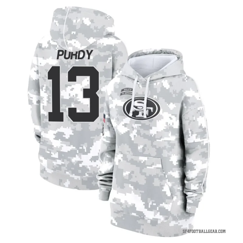 Brock Purdy Women's Camo San Francisco 49ers Arctic 2024 Salute to Service Club Fleece Pullover Hoodie