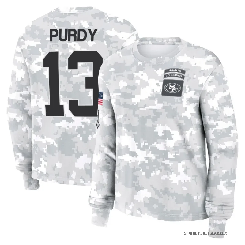 Brock Purdy Women's Camo San Francisco 49ers Arctic 2024 Salute to Service Long Sleeve T-Shirt