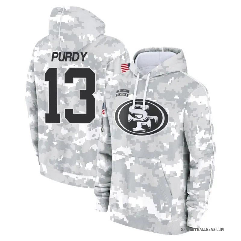 Brock Purdy Youth Camo San Francisco 49ers Arctic 2024 Salute to Service Club Fleece Pullover Hoodie