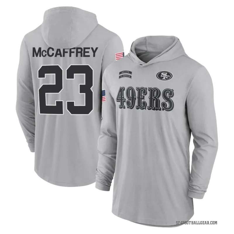Christian McCaffrey Men's Gray San Francisco 49ers 2024 Salute to Service Lightweight Performance Long Sleeve Hooded T-Shirt