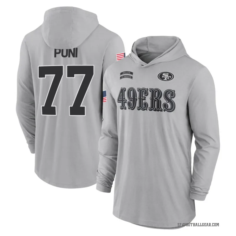 Dominick Puni Men's Gray San Francisco 49ers 2024 Salute to Service Lightweight Performance Long Sleeve Hooded T-Shirt