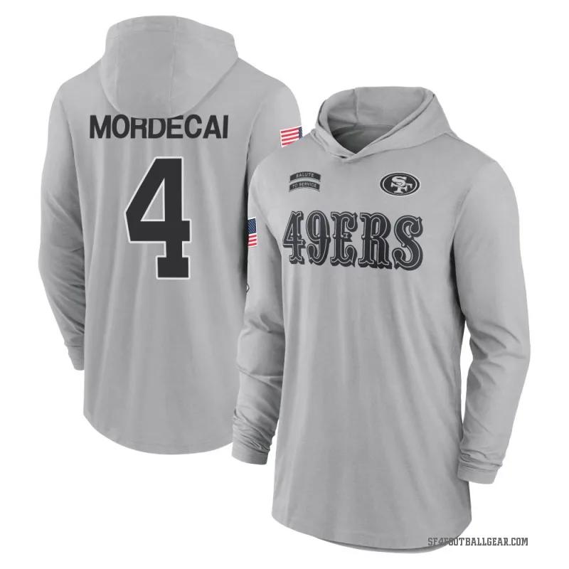 Tanner Mordecai Men's Gray San Francisco 49ers 2024 Salute to Service Lightweight Performance Long Sleeve Hooded T-Shirt
