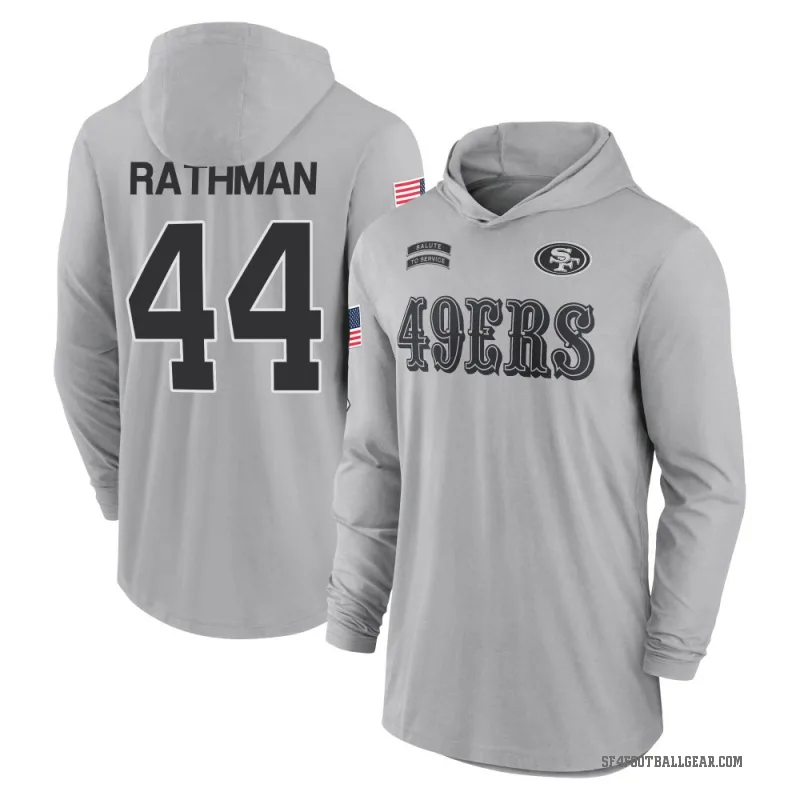 Tom Rathman Men's Gray San Francisco 49ers 2024 Salute to Service Lightweight Performance Long Sleeve Hooded T-Shirt