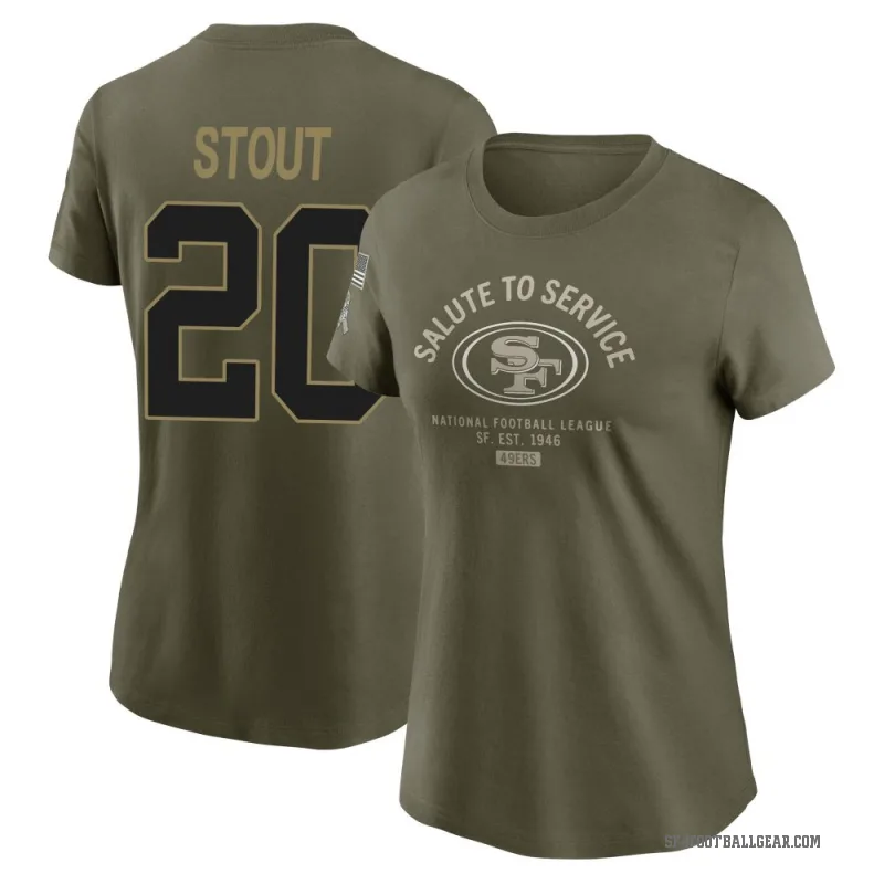 Upton Stout Women's Olive San Francisco 49ers 2025 Salute to Service Sideline T-Shirt